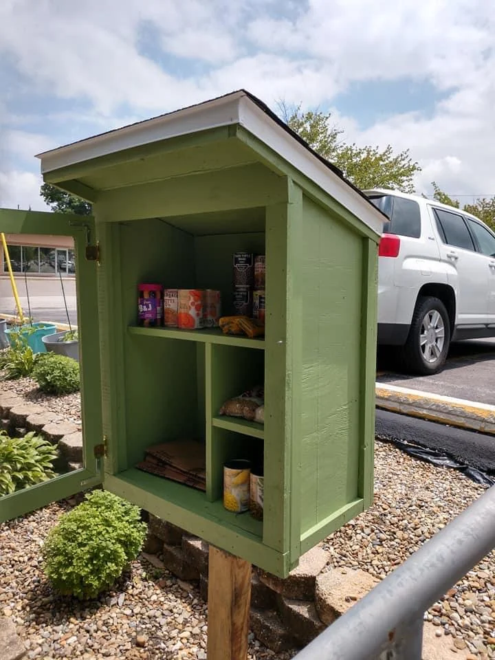 Community food pantry box outside the Center Township Trustee office providing free food and essential items to La Porte residents in need.